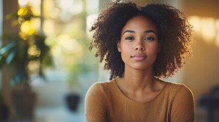 Obraz premium Portrait of a Young Black Woman with Natural Curly Hair in Cozy Setting