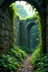 Weeds and vines crawling up the ancient stone walls like living tendrils, creeping, vines, eerie