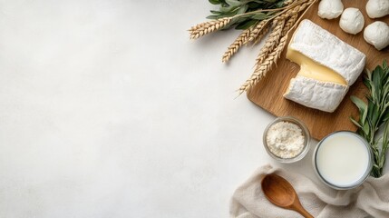 Soft and hard dairy products are artfully displayed on a white table, highlighting natural textures and inviting composition with herbs