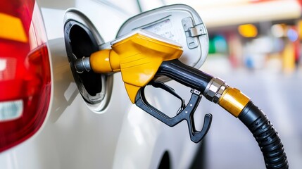 Fuel pump nozzle inserted into a vehicle's gas tank at a service station, with blurred background activity