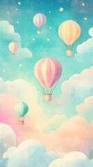 Obraz premium Pastel Hot Air Balloons Floating Among Clouds and Stars