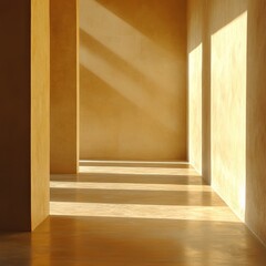 Fototapeta premium A minimalist interior featuring warm tones and geometric shadows, creating a serene and modern architectural ambiance.