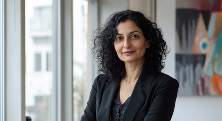 Fototapeta premium Confident Indian woman in a business setting engaged in conversation near a window on a bright day