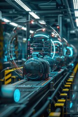 Naklejka premium Futuristic AI-Driven Manufacturing Facility with Engineers Monitoring Electric Scooter Production