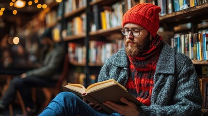 Obraz premium Cozy Male Reader in Sweater and Beanie Enjoying a Book in Library