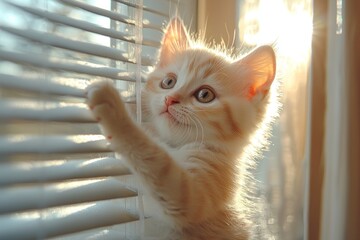 Fototapeta na wymiar Playful white kitten tangled in blinds on a sunny window, adding a lively touch to the room
