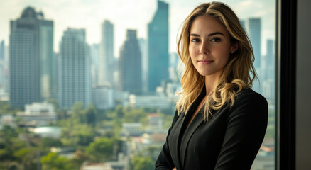 Fototapeta premium Attractive professional woman poses confidently in modern office with city skyline in the background