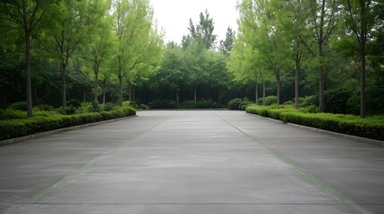 Serene Park Pathway,  Lush Greenery and Concrete Walkway