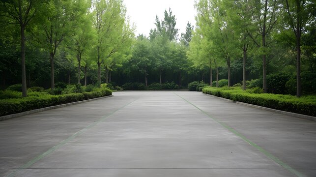 Serene Park Pathway,  Lush Greenery and Concrete Walkway