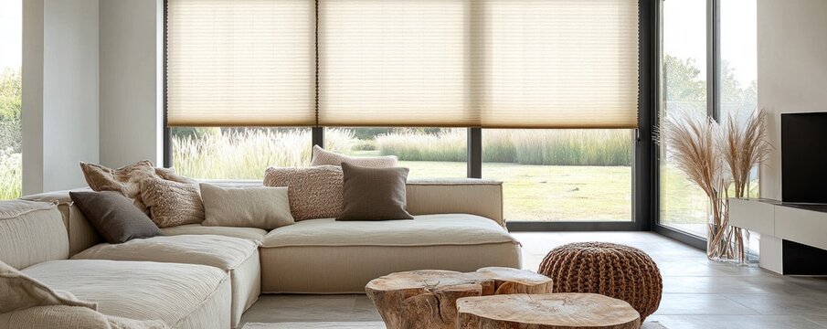 Pleated blinds with a 50mm fold in beige color, offering luxury sun protection and modern window decoration