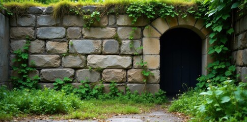 Weeds and vines crawling up the ancient stone walls like living tendrils, weeds, weathered, natural
