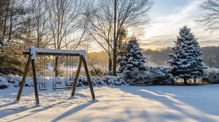 Snow covered swing set in a winter wonderland scene