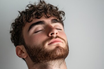 Obraz premium Relaxed Young Man with Curly Hair and Beard, Eyes Closed in Contemplation