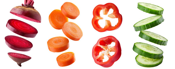 Sliced beetroot, carrot, bell pepper and cucumber floating on transparent background