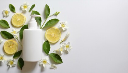 Refreshing lemon & jasmine-scented lotion bottle.  Clean, bright, and natural.