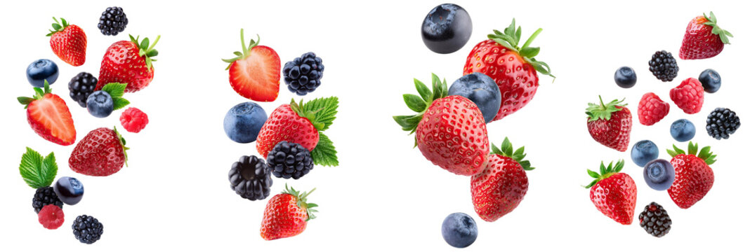 Set of falling wild berries isolated on transparent background