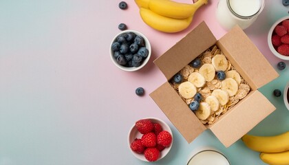 Healthy breakfast bowl with cereals, banana, and berries.
