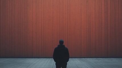 Obraz premium Person facing large, textured, red wall.