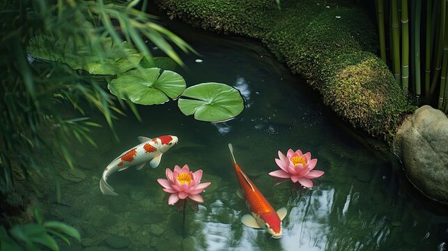 Koi fish swim in a serene pond with lotuses and lush greenery
