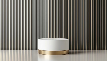 Stylish White And Gold Cylindrical Podium Rests On Sleek Surface Amongst Rows Of Evenly Spaced Gray Panels, Exuding Opulence And Elegance