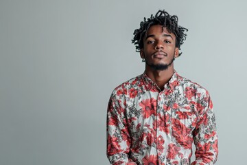 Fototapeta premium Stylish Young Man in Floral Shirt Posing Against a Light Background