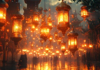Fototapeta premium Illuminated Lanterns Floating Above Misty Cobblestone Street at Dusk, Creating a Magical Atmosphere