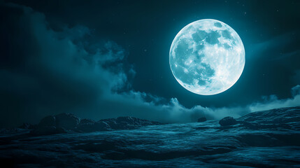 Stunning lunar landscape featuring large, glowing moon illuminating dark sky with ethereal light effects. scene evokes sense of wonder and tranquility. Lunar Plains. Illustration