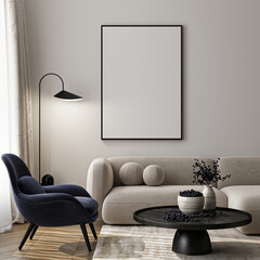 Frame mockup, ISO A paper size. Living room wall poster mockup. Interior mockup with house background. Modern interior design. 3D render
