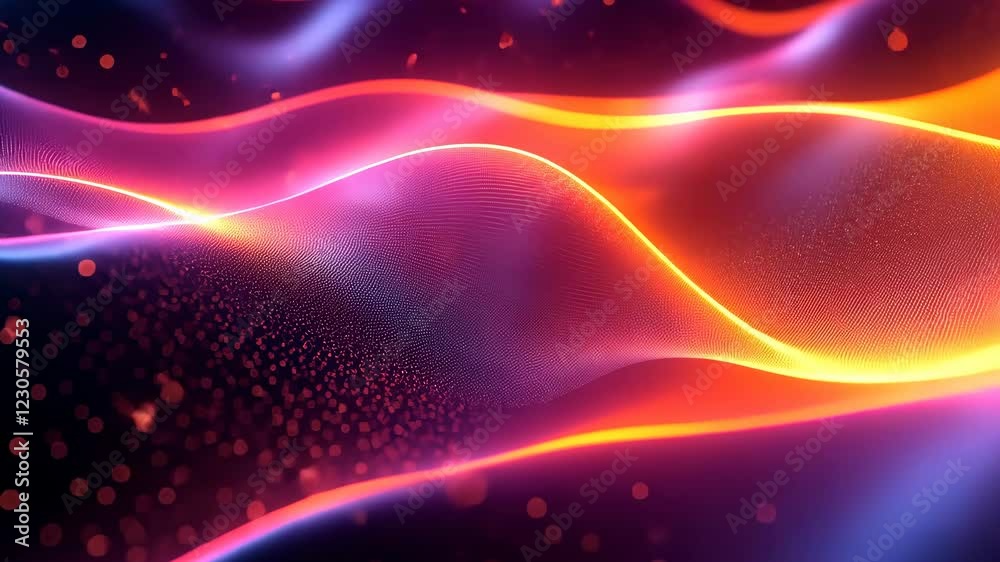 Poster a vibrant, futuristic digital landscape showcasing undulating neon waves and glowing particles in mo