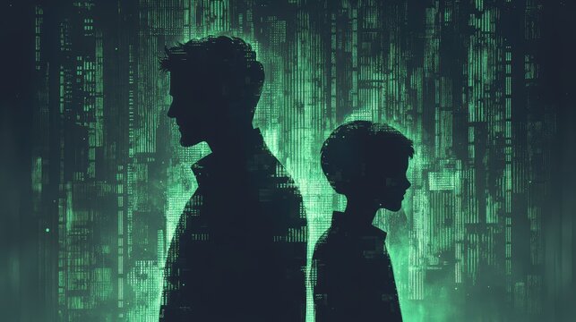 Silhouetted Profiles of Father and Son Amidst Digital Matrix Background