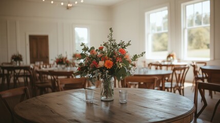 Fototapeta premium Rustic wooden table centerpiece with orange flowers in a bright room.