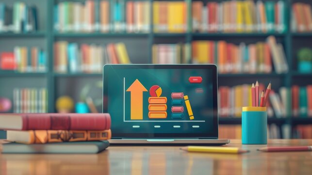 Online Learning Progress Bar with Academic Icons in Modern Library Setting for Educational Apps