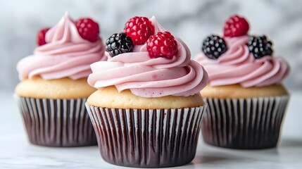 Delicious Pink Frosting Cupcakes Topped with Raspberries and Blackberries