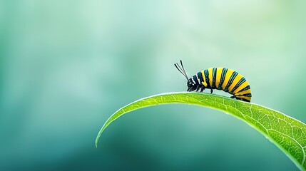   A yellow and black caterpillar sits on a green leaf against a bright blue and green background
