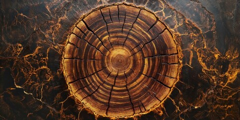Fototapeta premium Close-up of a tree stump showcasing intricate patterns and textures, ideal for nature-themed projects, eco-friendly products, or woodworking.