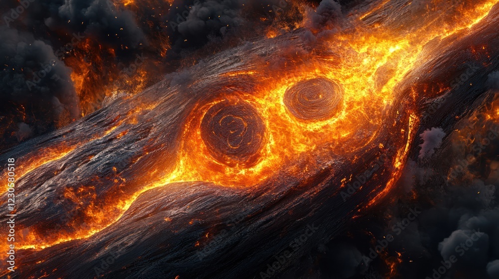 Poster fiery lava flow with swirling patterns of molten rock