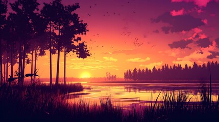 Obraz premium Vibrant Sunset Over Calm Lake and Silhouetted Forest