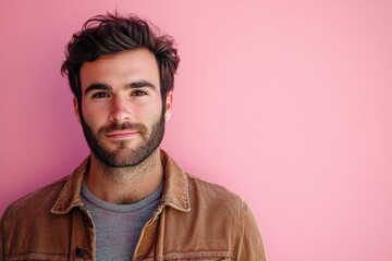 Obraz premium Portrait of a Young Man with a Beard Against a Pink Background