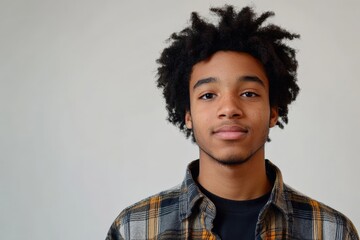 Obraz premium Portrait of a Young Man with Natural Hair in a Casual Flannel Shirt