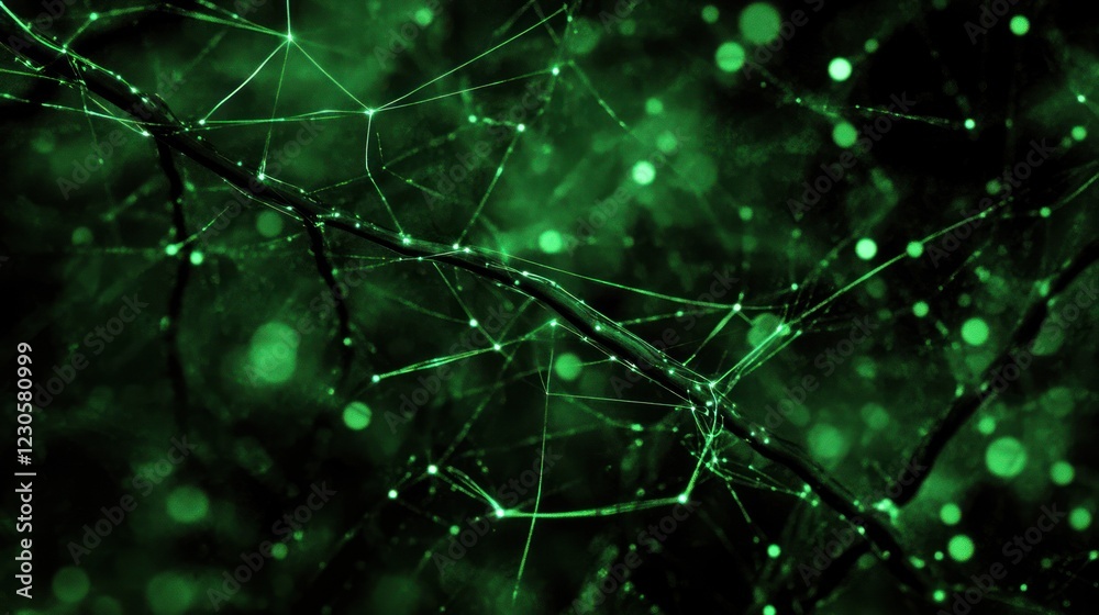 Poster Glowing Green Web Like Structure on Branch