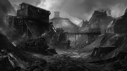 A dramatic black and white image of an abandoned industrial site, showcasing decaying machinery, rugged terrain, and dark, moody skies that evoke a sense of desolation.