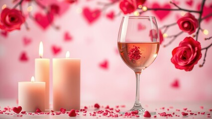Romantic background with wine, candles and rose petals.