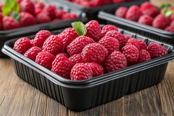 Fresh Raspberries in Black Containers