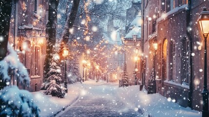 Snowy Christmas Street Scene With Festive Lights