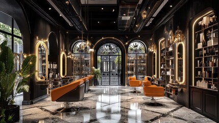 Elegant Black And Gold Modern Hair Salon Interior Design