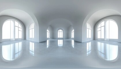 Empty Room Interior Rendering With 360° Spherical Panorama Projection Showcasing A Full View Of The Room In A Spherical Perspective.