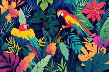 Obraz premium Two Macaws Among Lush Tropical Foliage