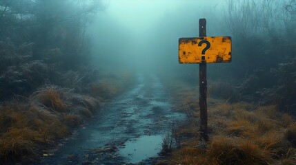 A sign with a question mark on it is in a forest