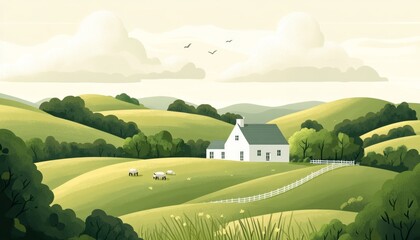 Idyllic rural landscape featuring a charming farmhouse nestled amidst rolling green hills, under a tranquil sky.