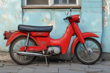 Vintage Red Moped by Blue Wall